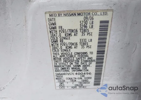 2007 Nissan Frontier Se from USA, damaged, VIN 1N6AD07U57C400496